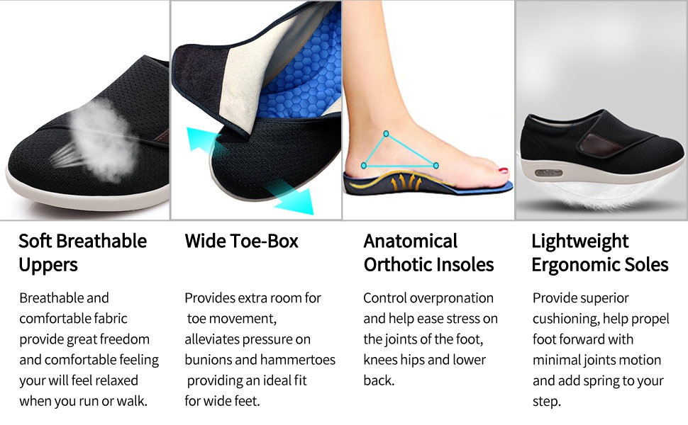 Stijlvolle Diabetische Schoenen met Steunzolen, Extra Brede Breedtes Wandelen Edema Sneakers Verstelbare Band Gemakkelijk Aan/Uit met 3 Paar Inlegzolen Vervanging voor Ondersteuning Gezwollen Voeten