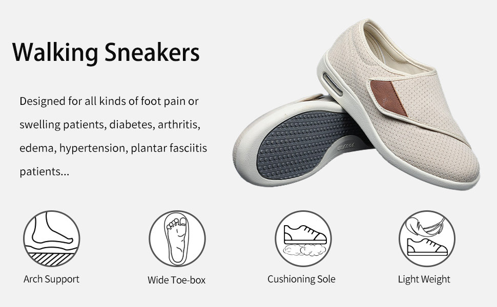Stijlvolle Diabetische Schoenen met Steunzolen, Extra Brede Breedtes Wandelen Edema Sneakers Verstelbare Band Gemakkelijk Aan/Uit met 3 Paar Inlegzolen Vervanging voor Ondersteuning Gezwollen Voeten